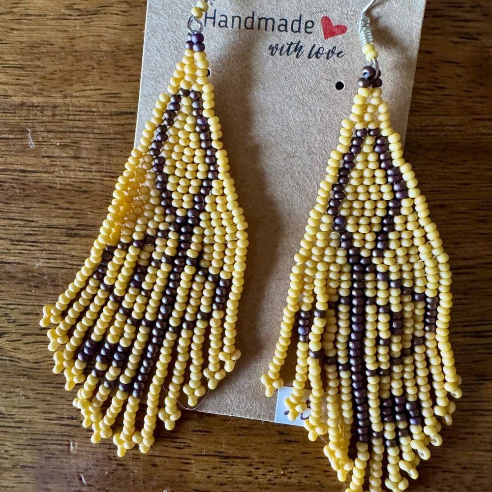 Handmade Beaded Yellow and Brown Earrings